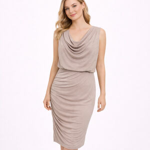 Women's GUESS Beige Sleeveless Cowl Neck Ruched Dress with Embellishments Size 8